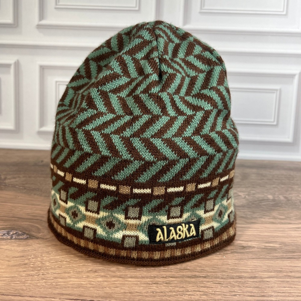 Alaska Beanie Hat Brown Teal Chevron Fleece Lined Souvenir Unisex One Size